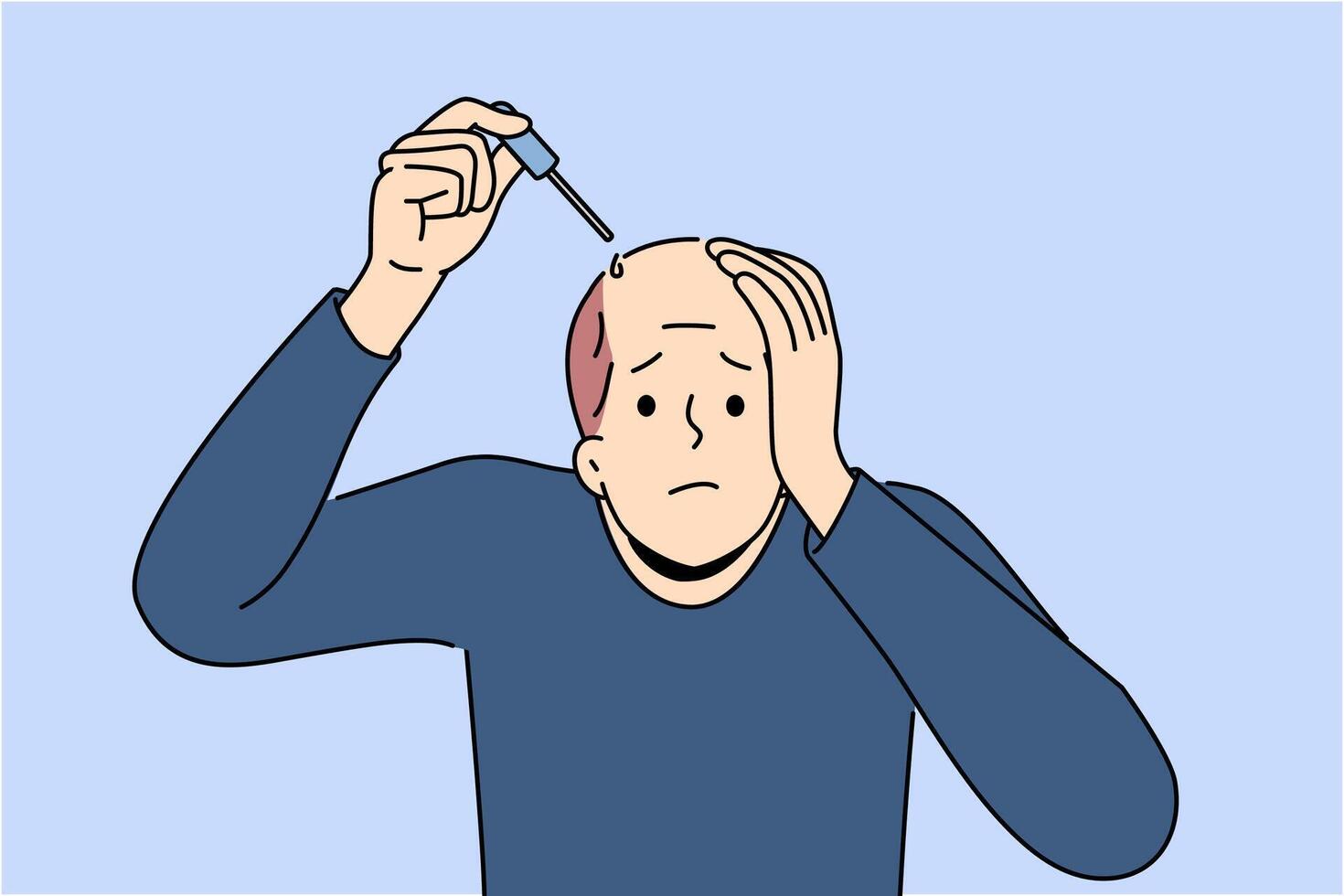 Man treats baldness with dropper healing oil that improves hair growth and makes him look attractive vector