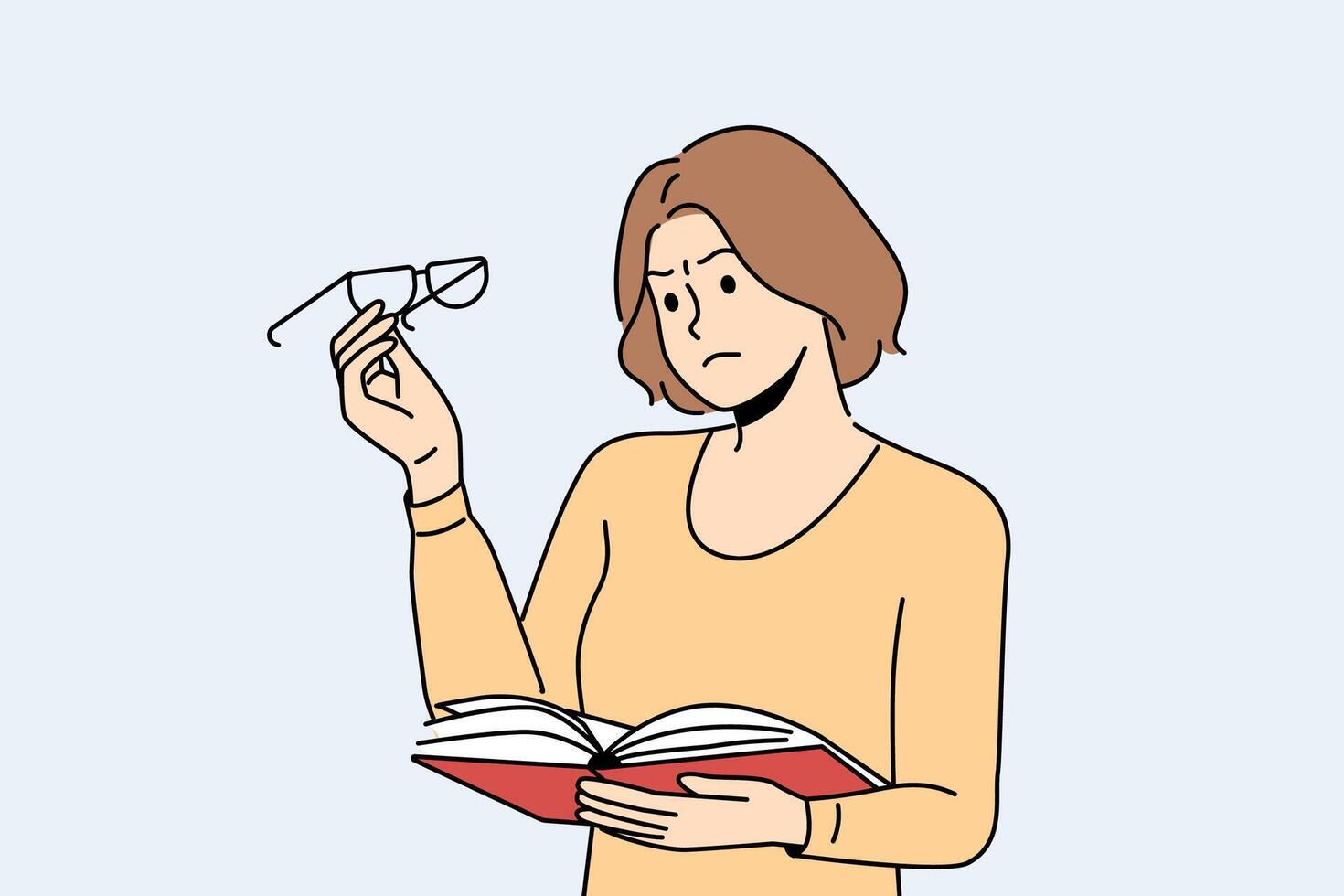 Woman experiences vision problems reading book and looks at glasses with upset grimace vector