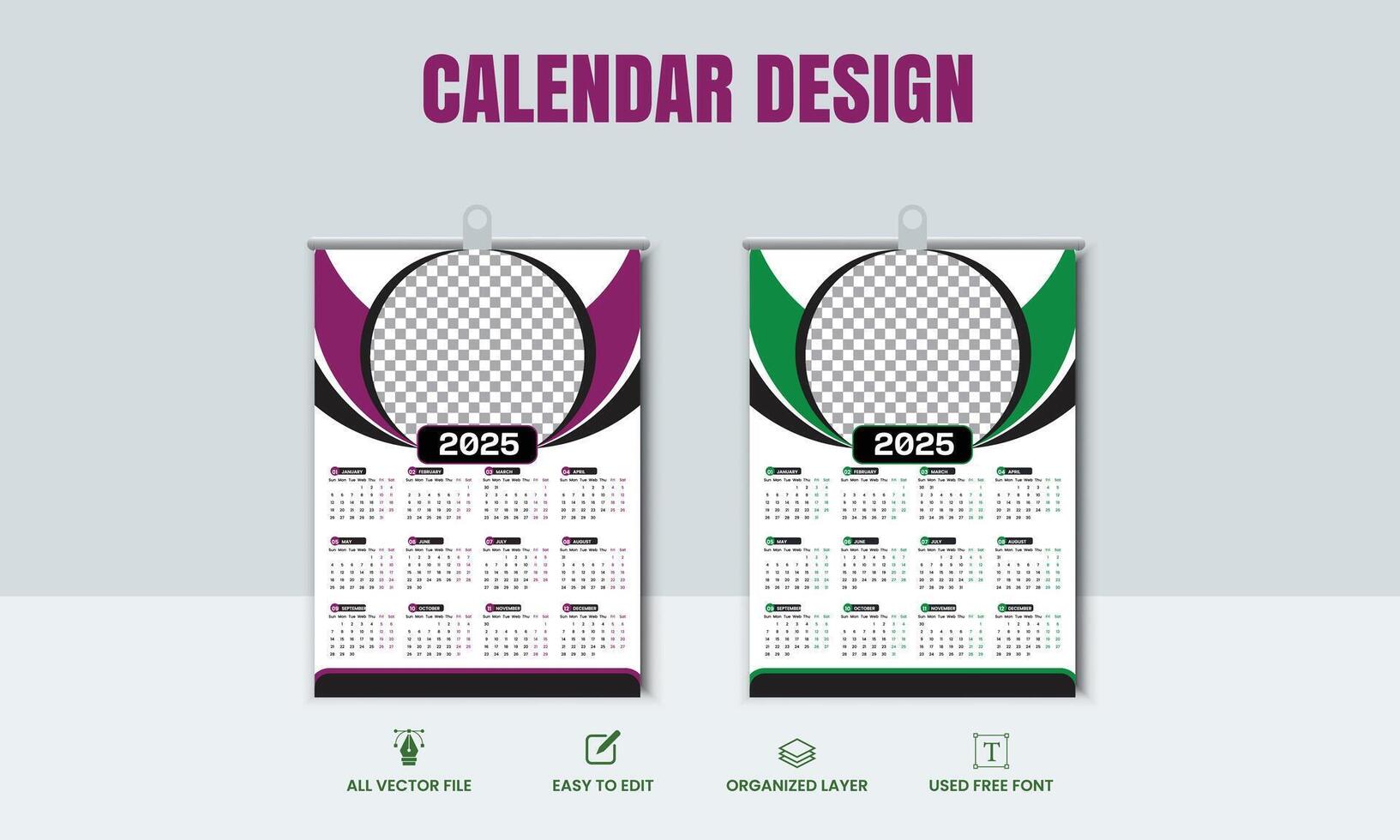 Modern wall calendar design 2025. Print Ready One Page wall calendar template design for 2025. vector