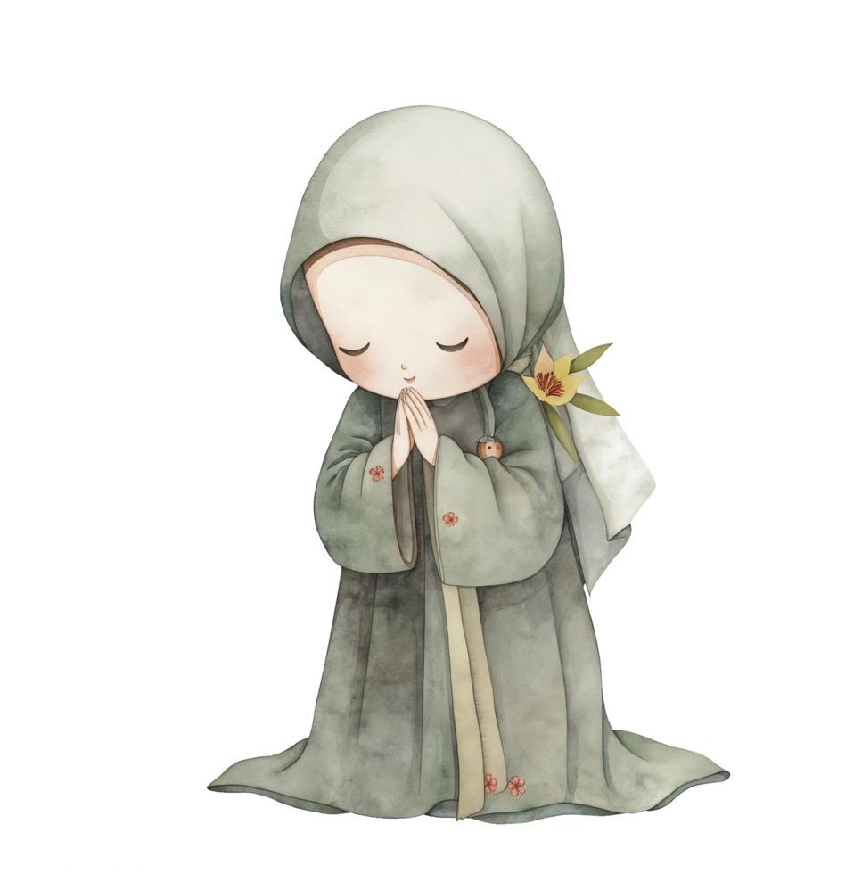 un niña es Orando en un verde túnica png