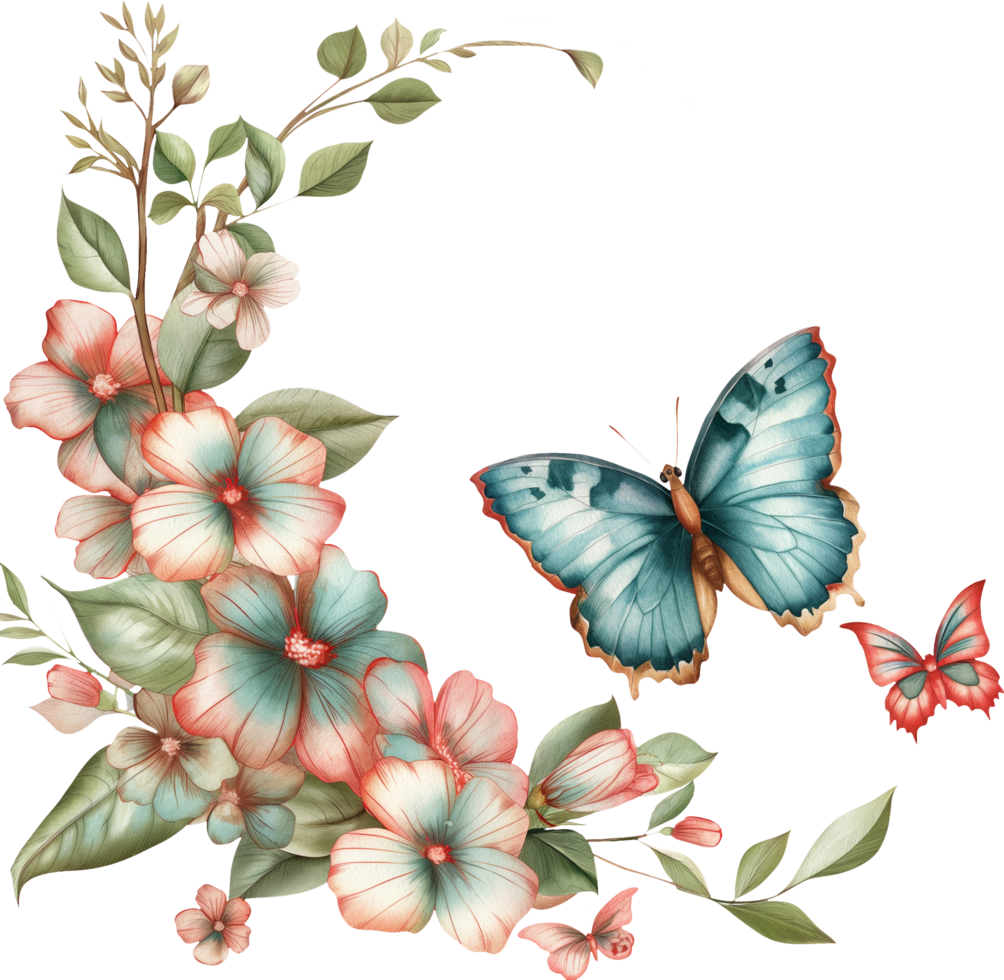 A blue butterfly is flying over a flower arrangement watercolor png
