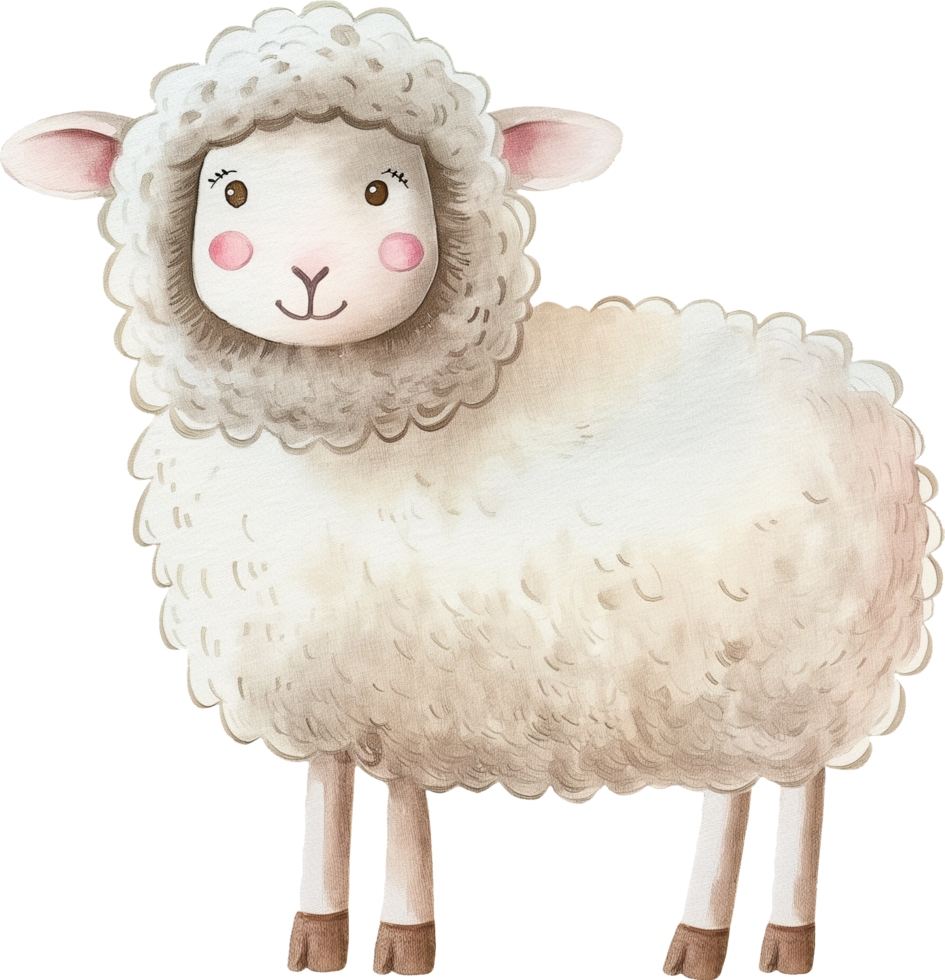 A cute cartoon sheep with a pink nose and a smile on its face png