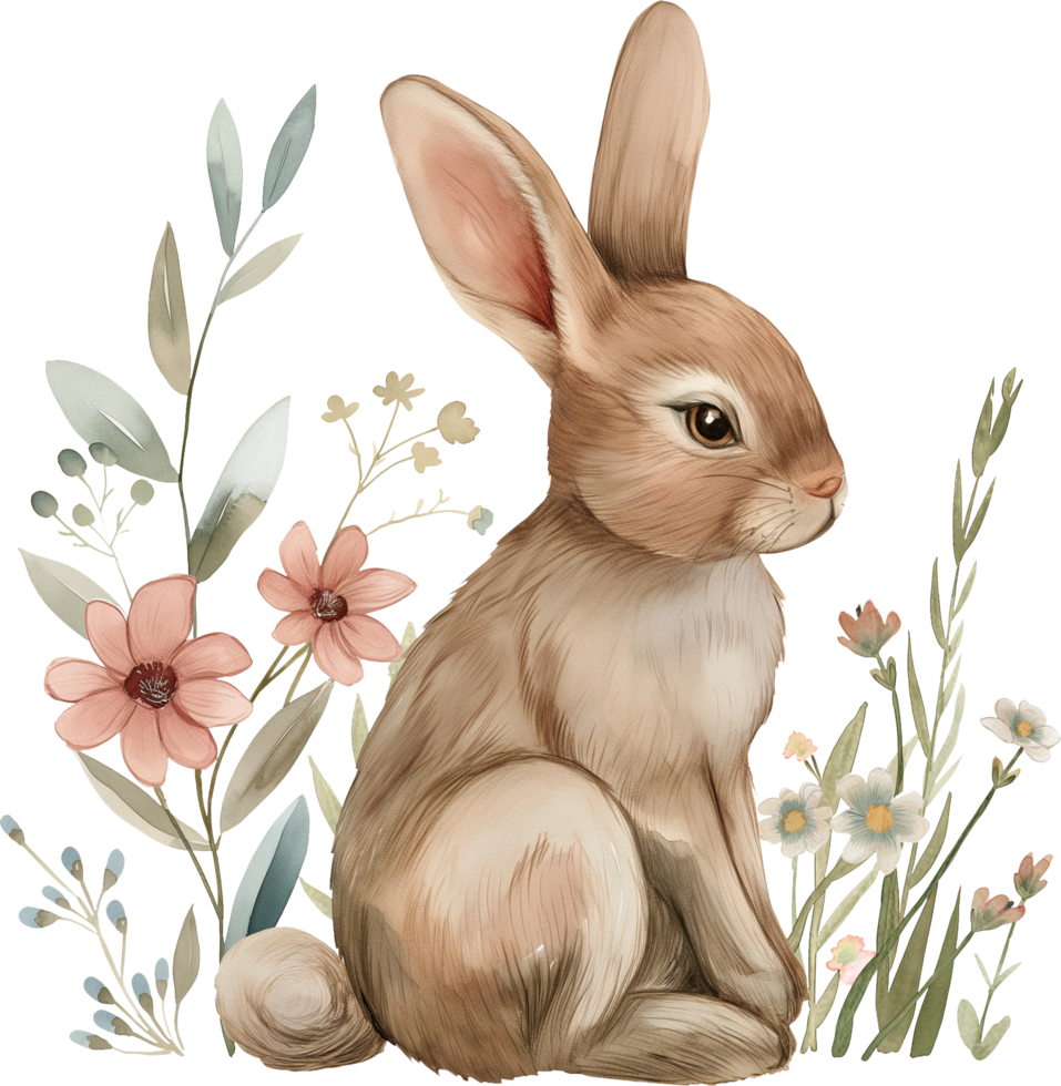 A rabbit is sitting in a field of flowers watercolor png