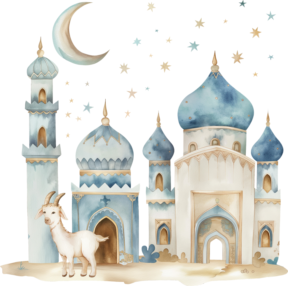 goat standing in front of a mosque with a moon in the sky png