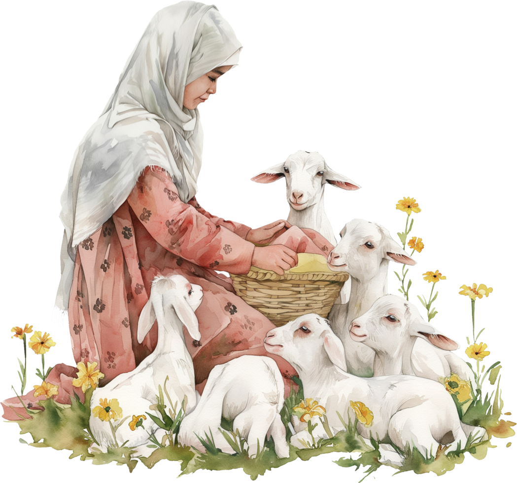 Islamic girl is feeding a group of sheep png