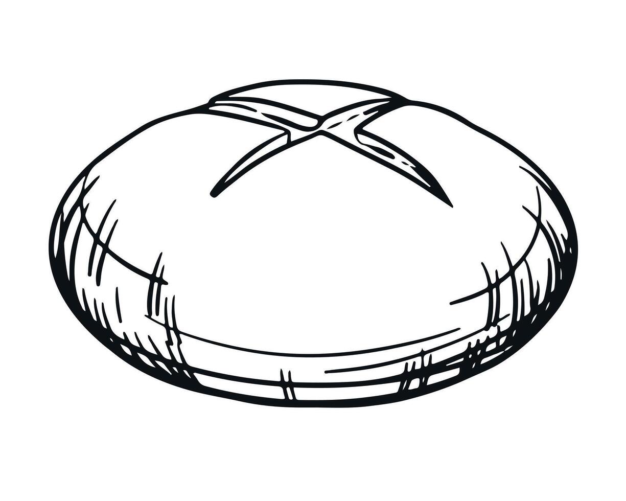 Drawing of a round loaf of bread. Bakery logo emblem. Line sketch, hand