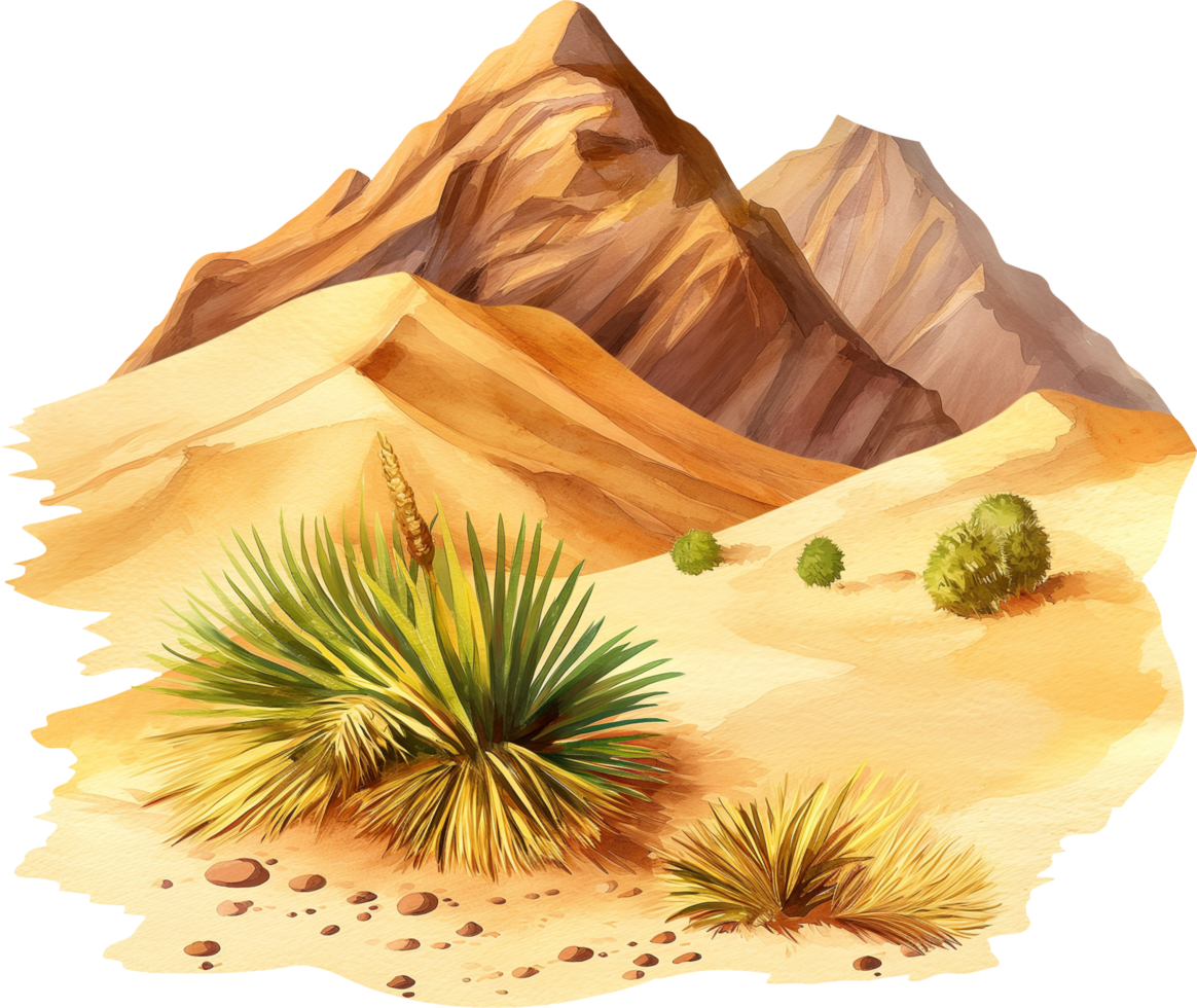 Isra Miraj Desert Scene, A desert landscape with a cactus and a mountain png