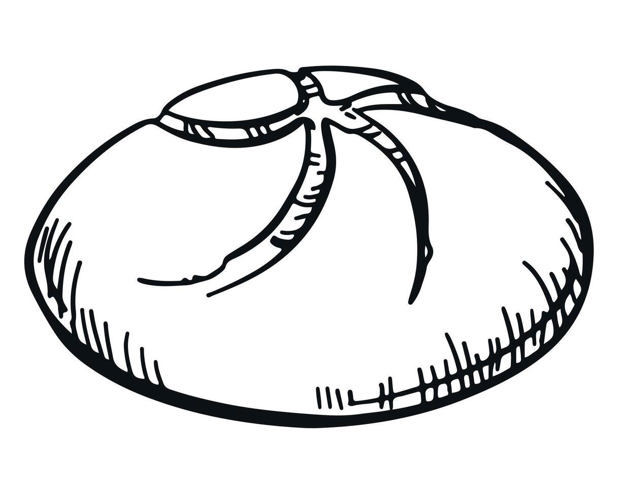 Drawing of a round loaf of bread. Bakery logo emblem. Line sketch, hand drawn, isolated on white background. illustration vector