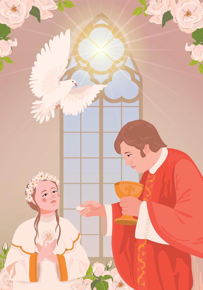 A girl in a white dress during the first communion. A priest holds bread, a manifestation of the holy spirit in the form of a white radiant dove. Church member receiving the Eucharist vector
