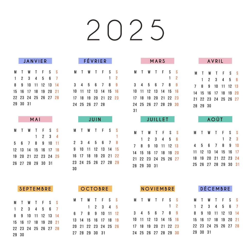 French calendar 2025 year. stationery square calendar week starts Monday. Yearly organizer. Simple calendar template in minimal design. Business illustration. vector