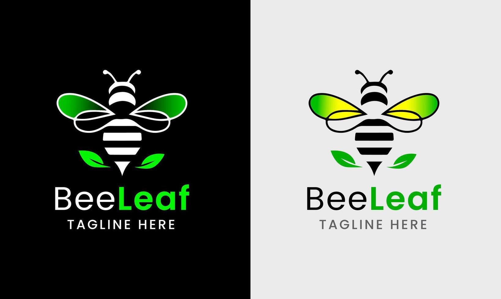 Bee icon, bee leaf logo sample, natural green yellow bee honey concept photo template vector