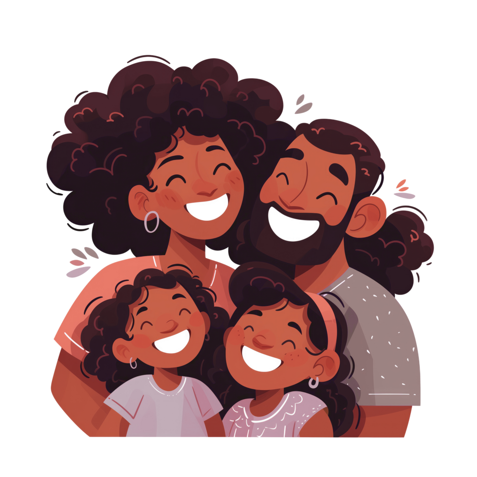 Happy african american family. Father, mother, and kids together cartoon illustration png