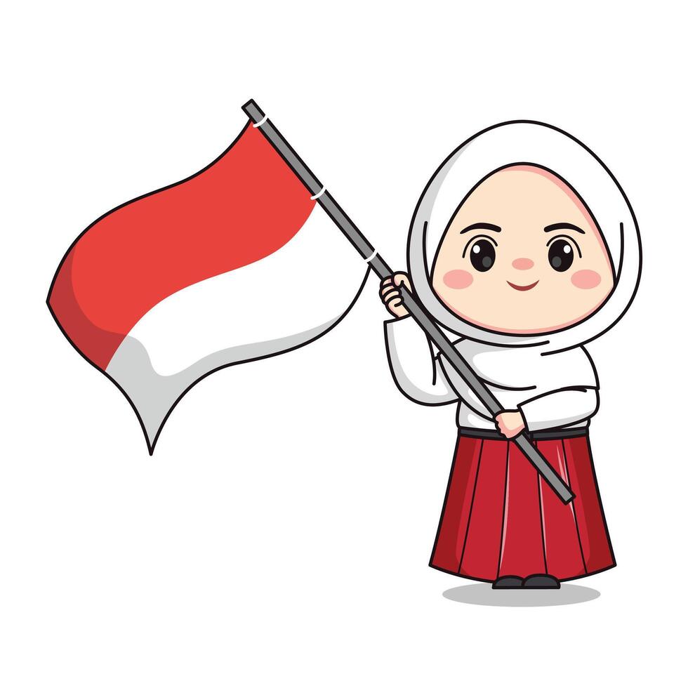 Indonesian student elementary school holding flag cute hijab girl character vector