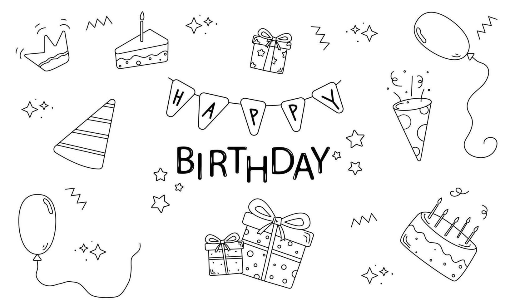 Set of Birthday Doodle, Outline Decoration, Linar Elements, Concept, Web Graphic, element, Party, Sketch vector