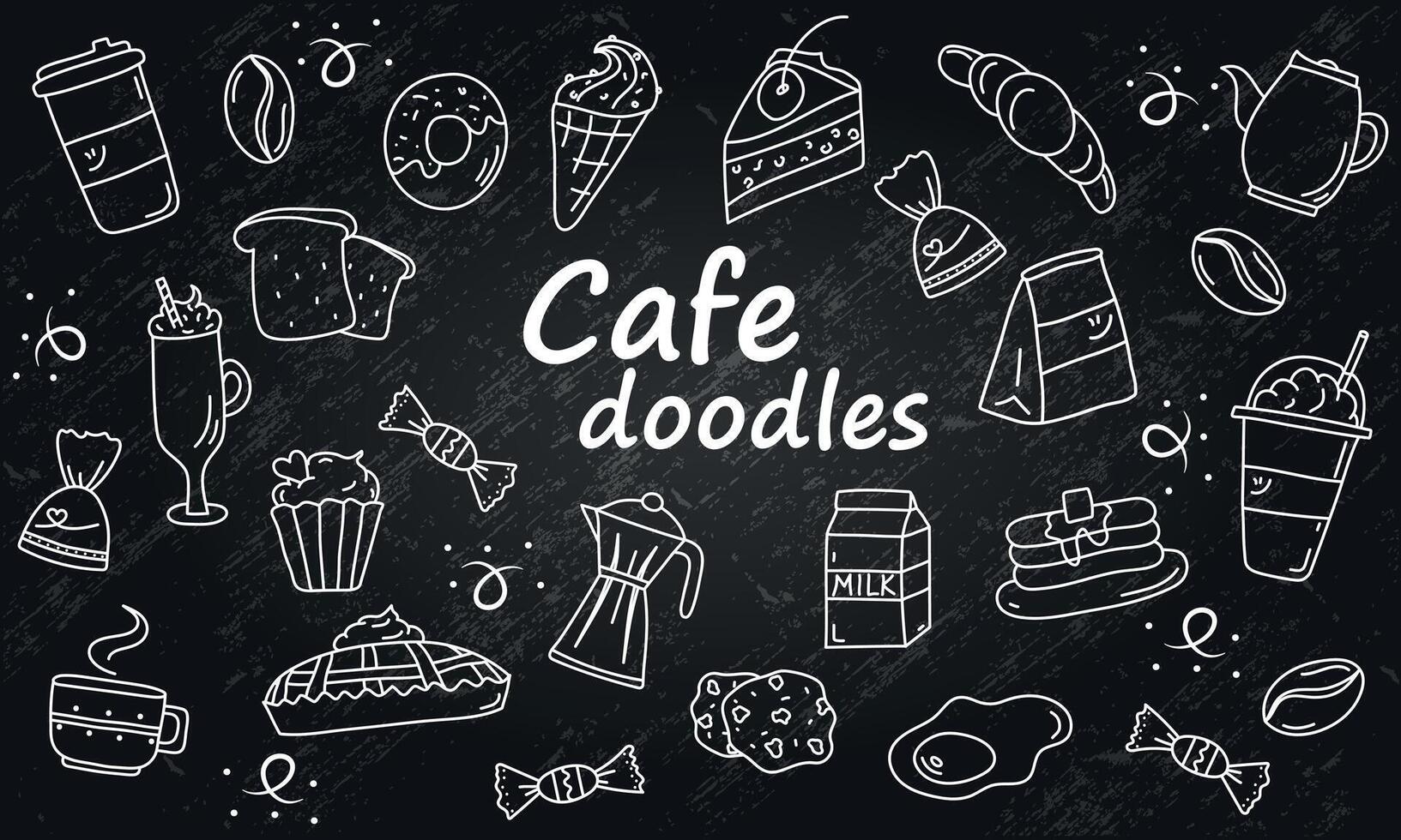 Set of Hand Drawn Cafe White Doodles on a Black Background with Grunge Texture, Icons Cafe, Concept, Outline, Sketch, Breakfast, Coffee, Sweet, Pie, Cake, Pancakes, Ice Cream, Donut vector