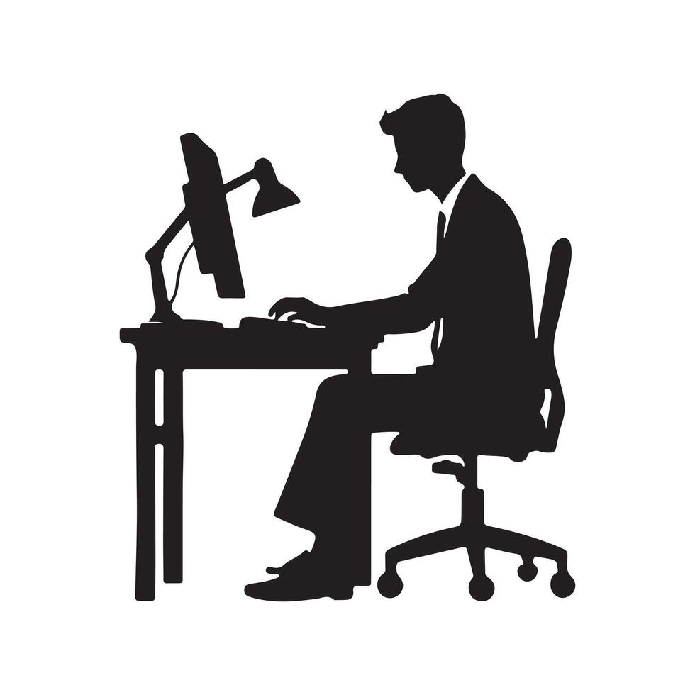 A person is sitting and operating a computer silhouette art illustration. vector