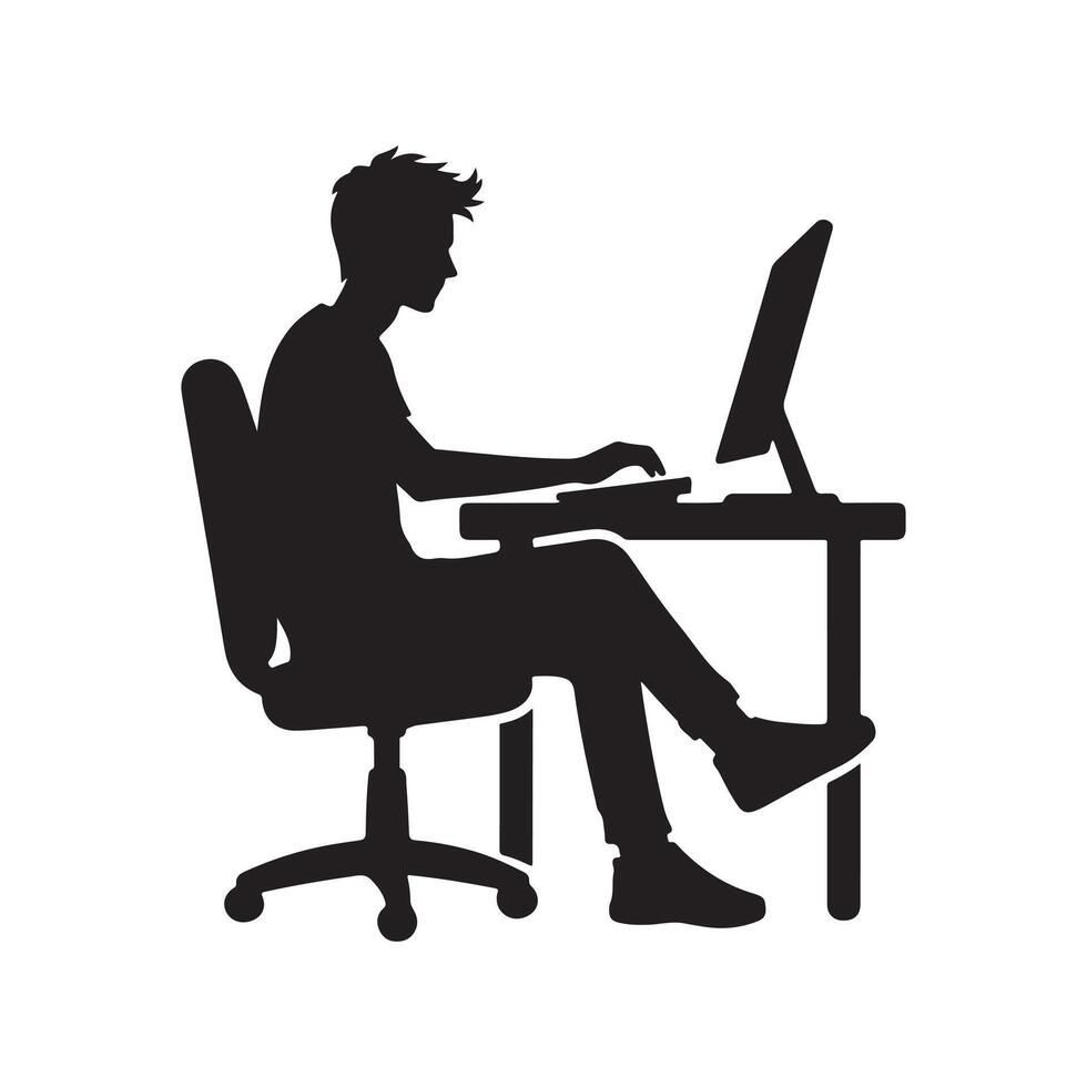 A person is sitting and operating a computer silhouette art illustration. vector