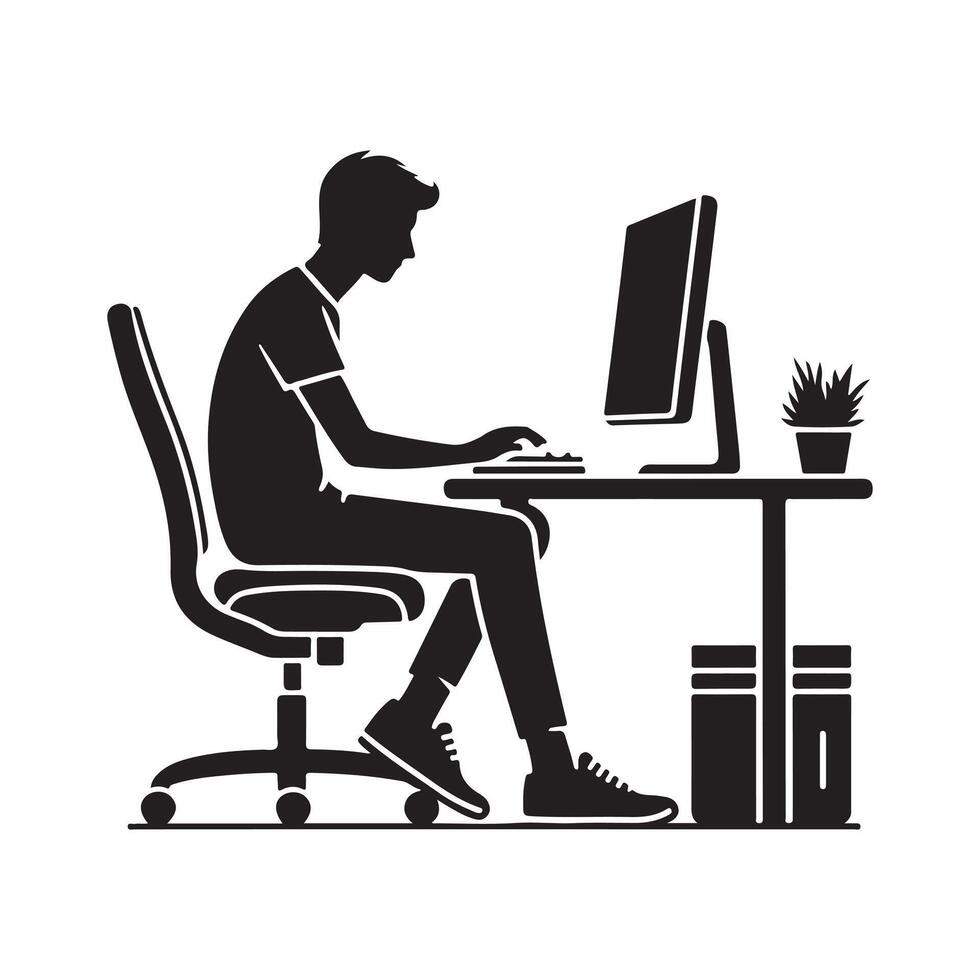 A person is sitting and operating a computer silhouette art illustration. vector