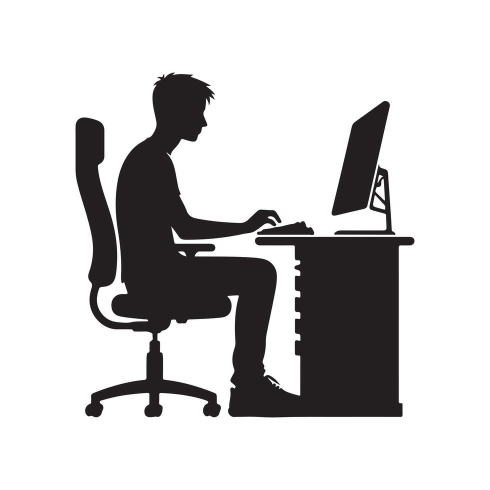 A person is sitting and operating a computer silhouette art illustration. vector