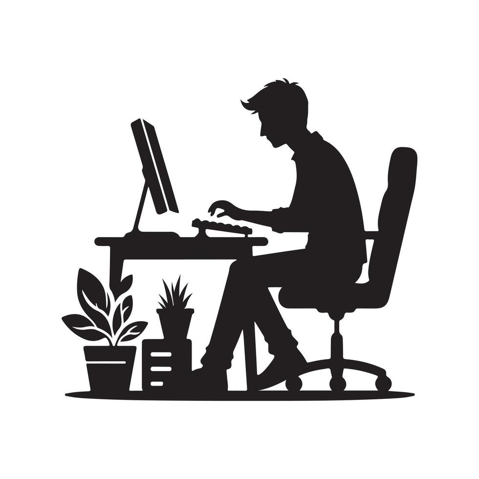 A person is sitting and operating a computer silhouette art illustration. vector