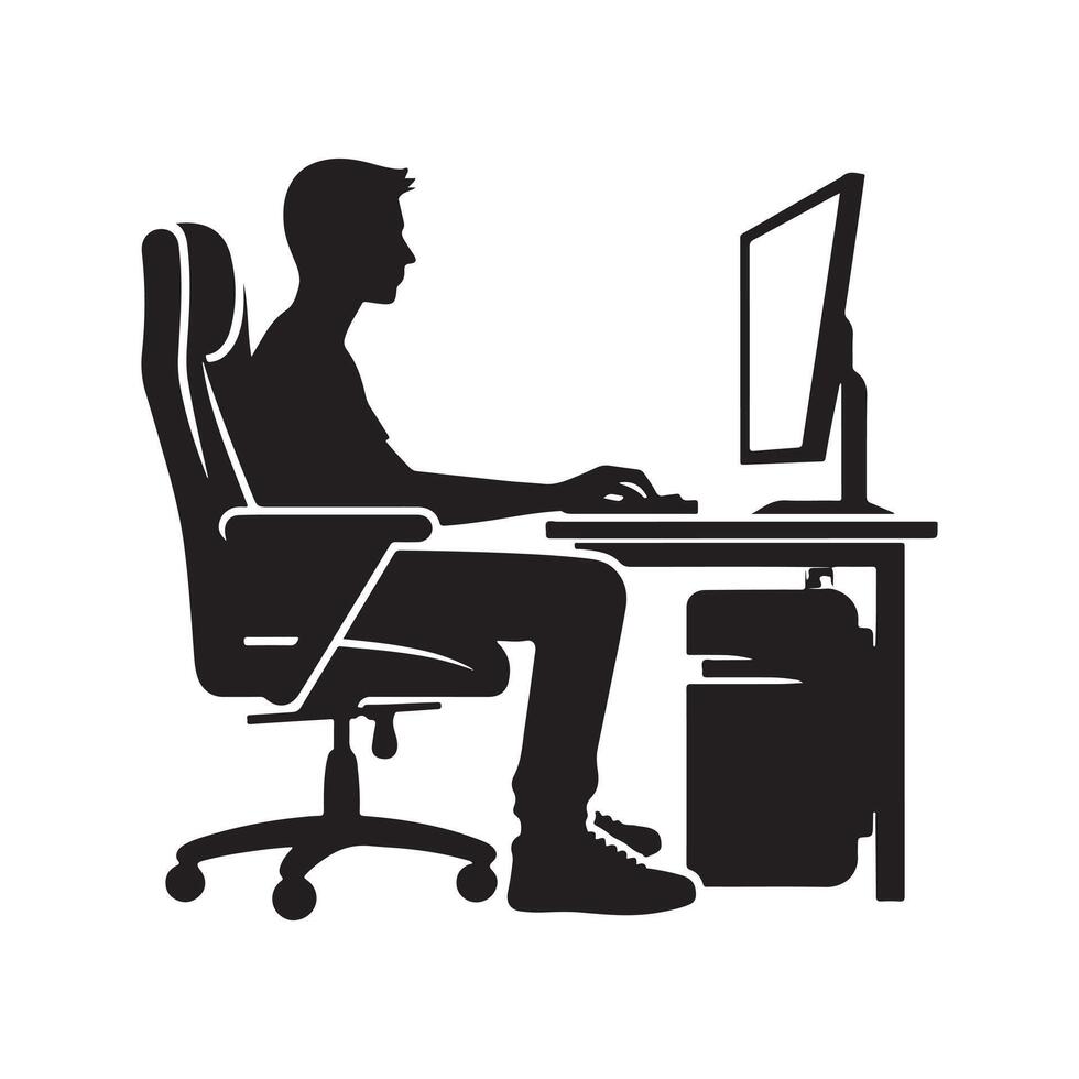 A person is sitting and operating a computer silhouette art illustration. vector