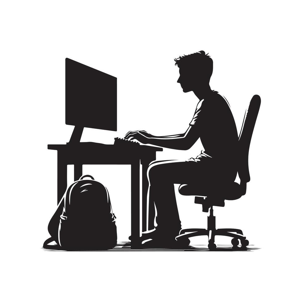 A person is sitting and operating a computer silhouette art illustration. vector