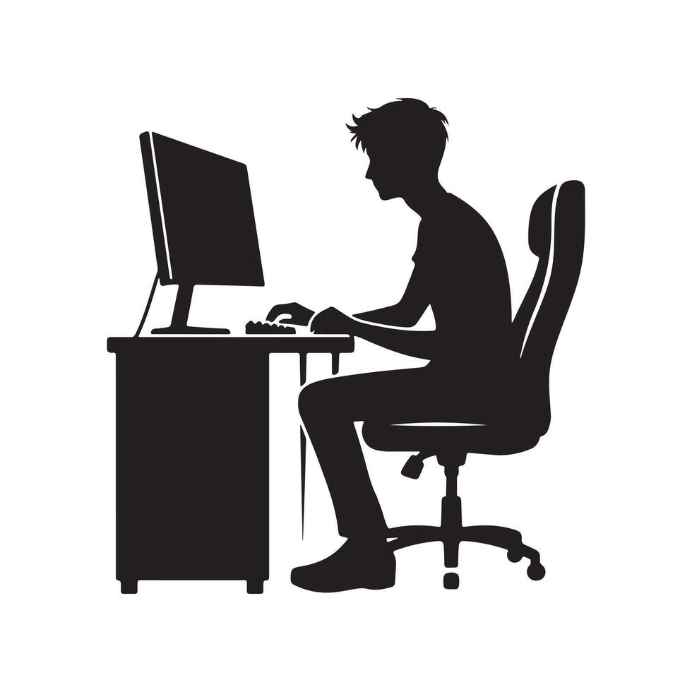A person is sitting and operating a computer silhouette art illustration. vector