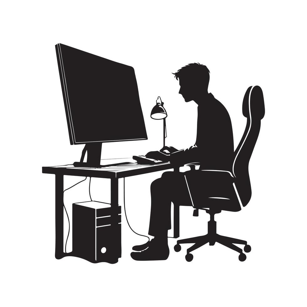 A person is sitting and operating a computer silhouette art illustration. vector