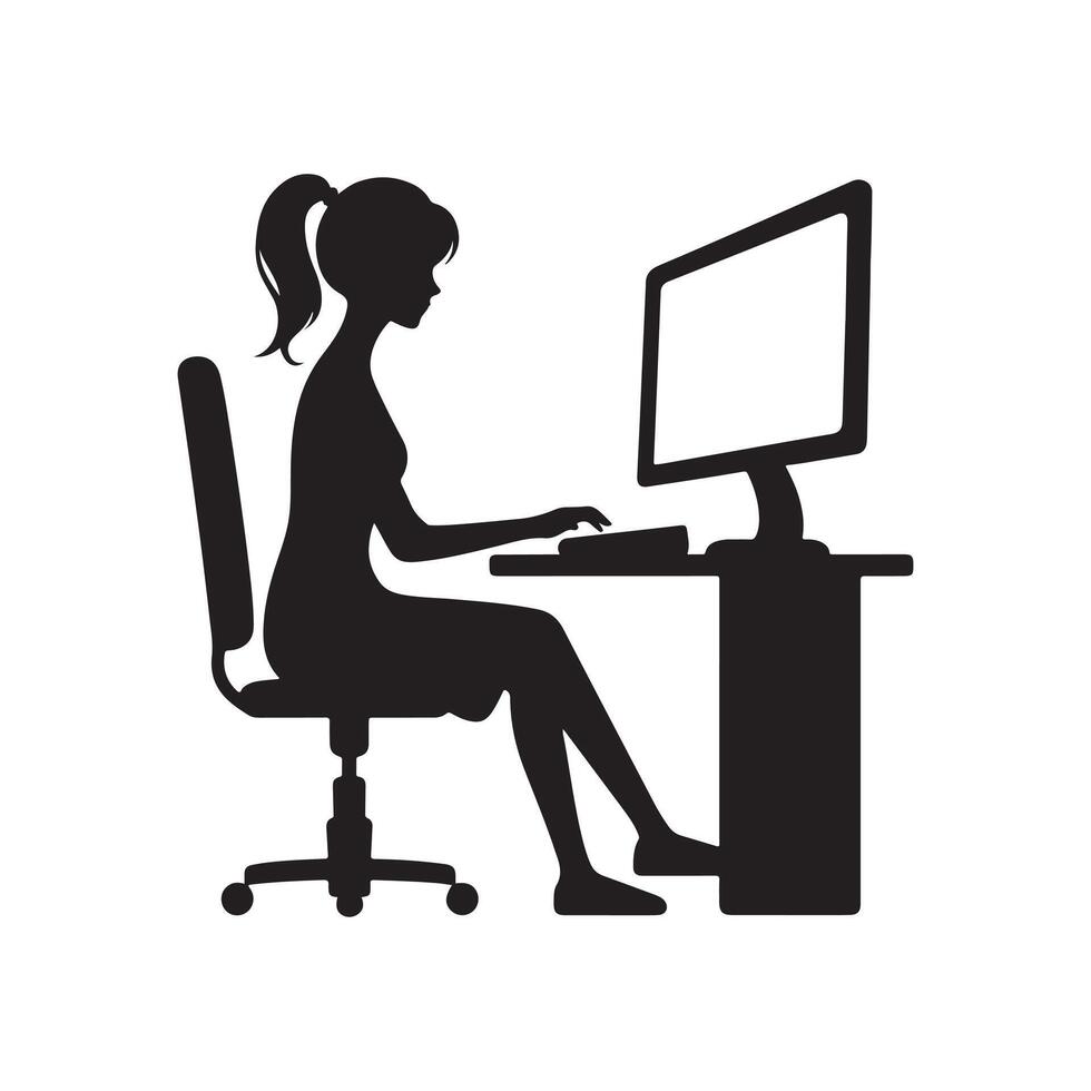 A person is sitting and operating a computer silhouette art illustration. vector