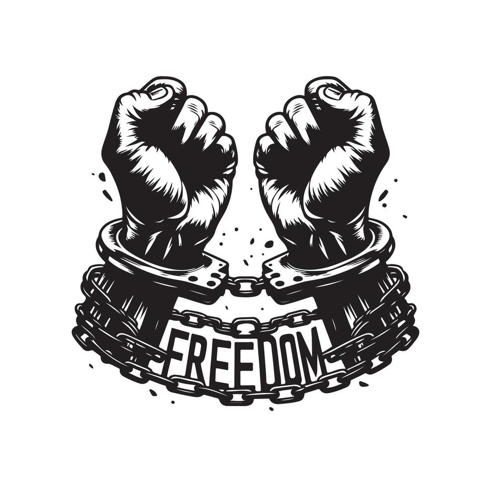 A pair of hands chained to a chain with the text words freedom. A pair of hand in handcuff. Hand drawn illustration. vector