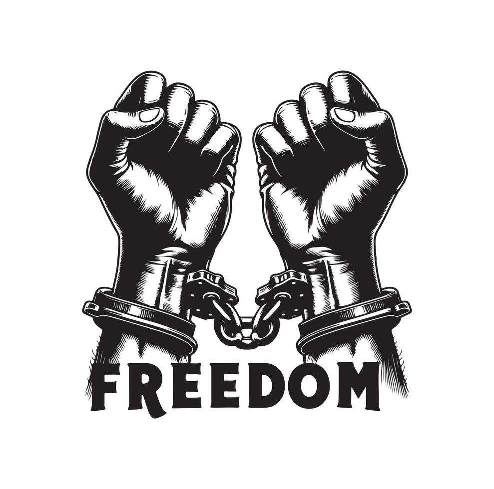 A pair of hands chained to a chain with the text words freedom. A pair of hand in handcuff. Hand drawn illustration. vector
