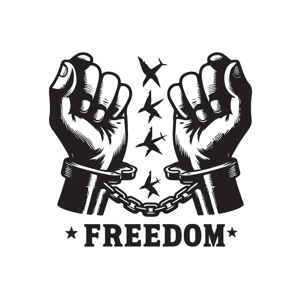 A pair of hands chained to a chain with the text words freedom. A pair of hand in handcuff. Hand drawn illustration. vector