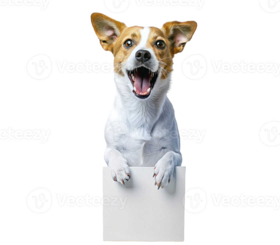 Excited dog with blank sign on transparent background png