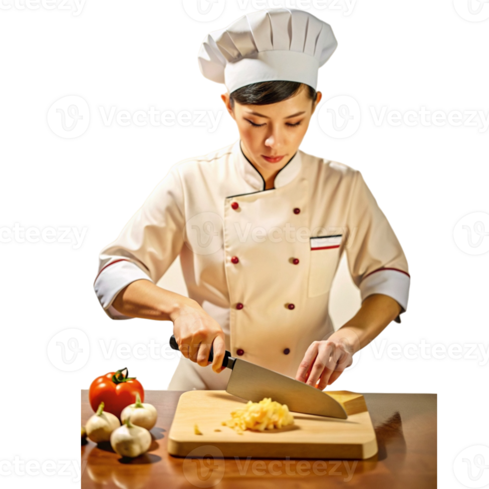 Cook in uniform is chopping vegetables png