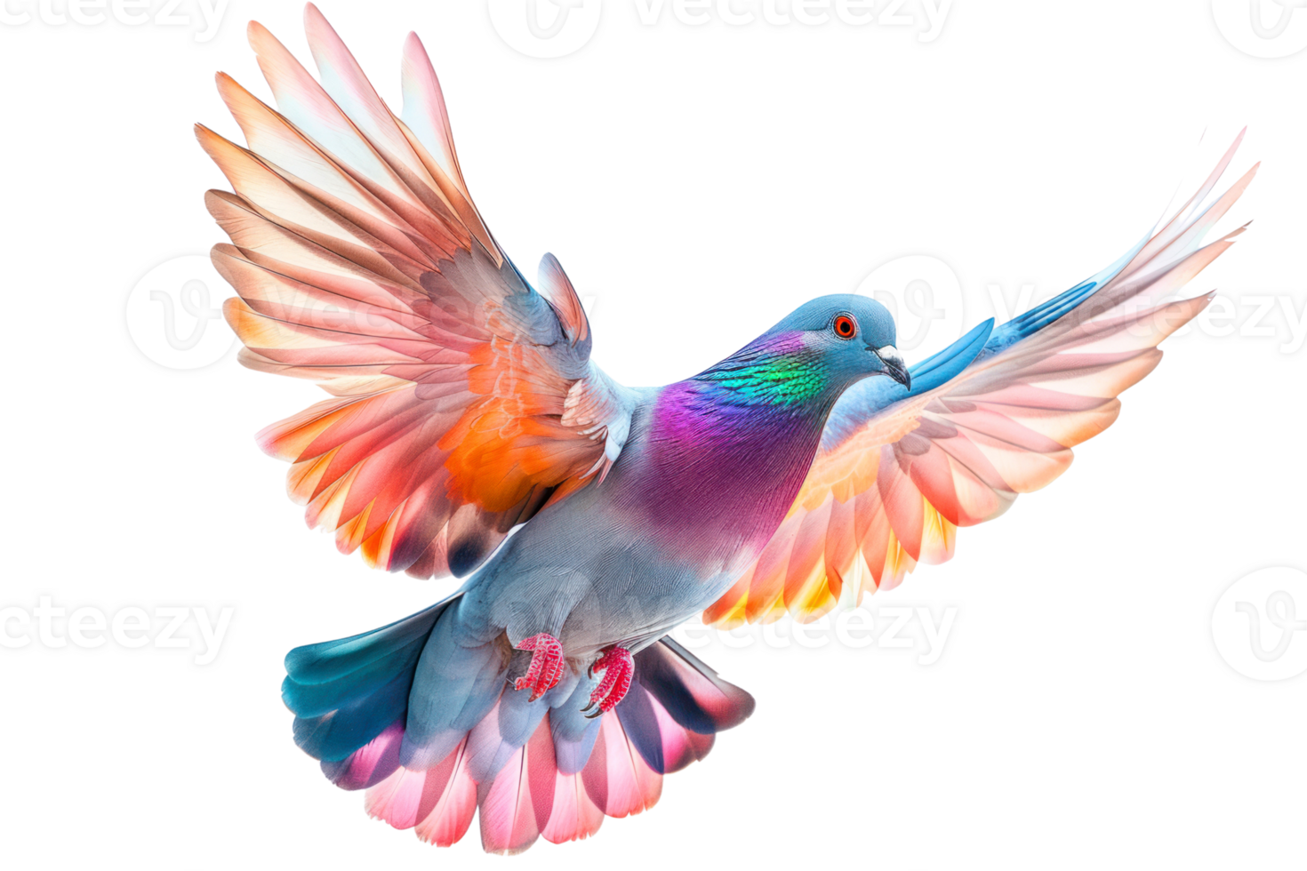 A vibrant dove with colorful wings in flight png