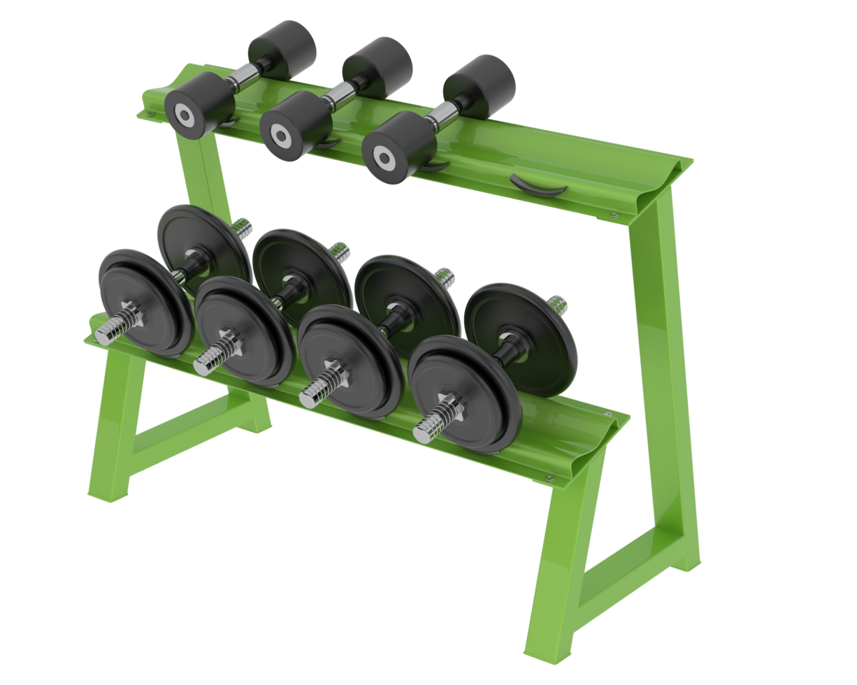 Dumbbells on rack isolated on background. 3d rendering - illustration png