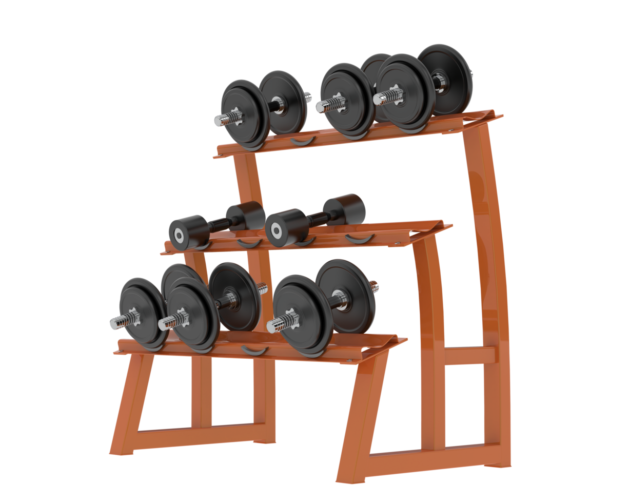 Dumbbells on rack isolated on background. 3d rendering - illustration png