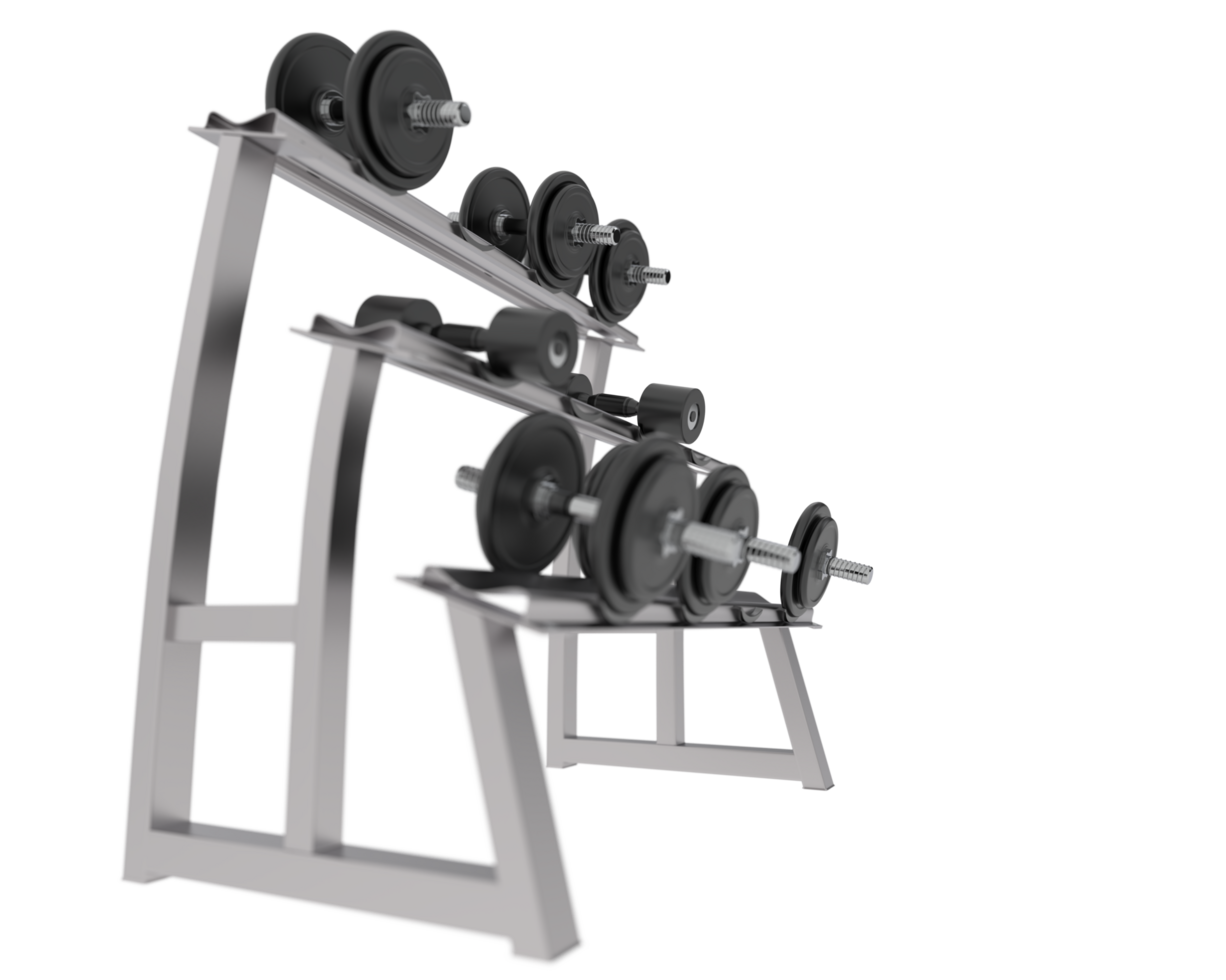 Dumbbells on rack isolated on background. 3d rendering - illustration png