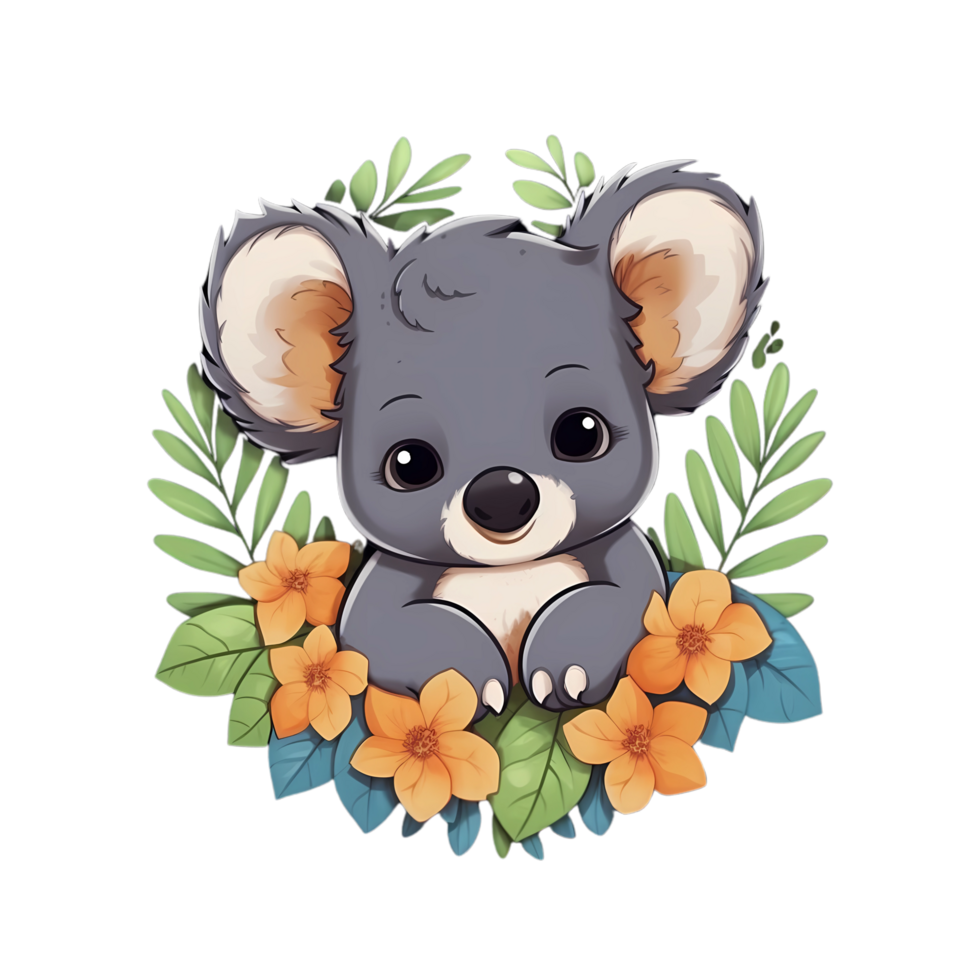 Cute Baby coala, Cozy Sticker, smile pose, cute flowers, nursery png