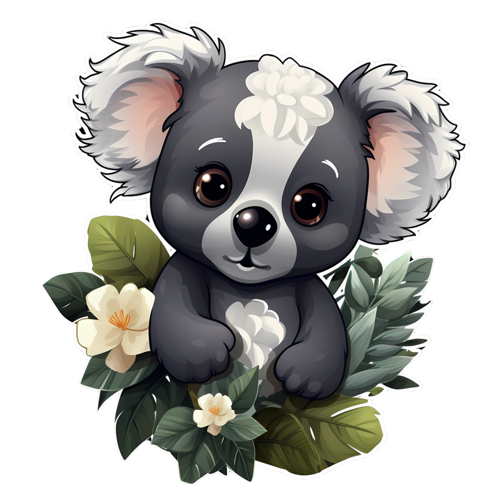 Cute Baby coala, Cozy Sticker, smile pose, cute flowers, nursery png