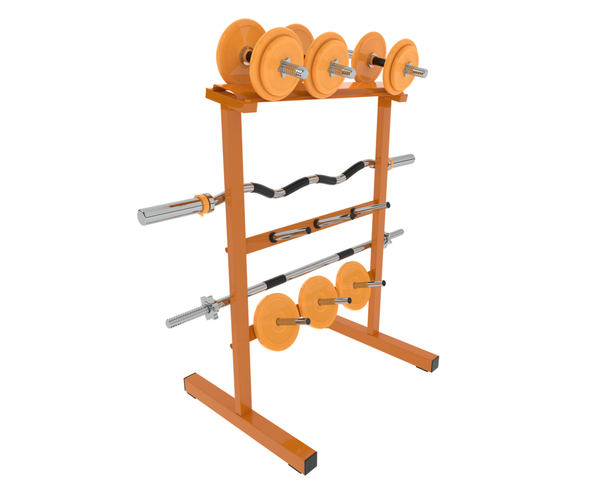 Weights on rack isolated on background. 3d rendering - illustration png