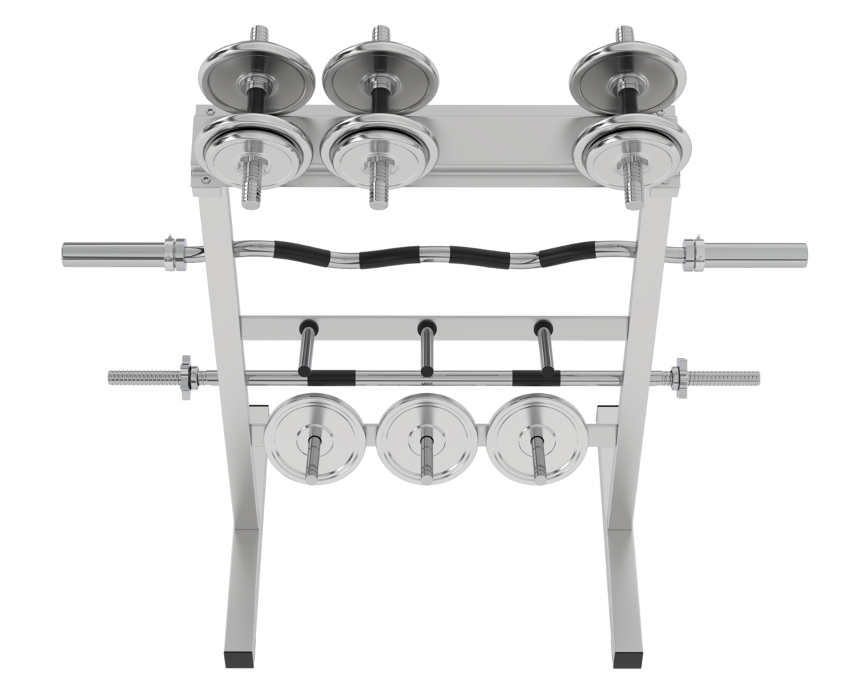 Weights on rack isolated on background. 3d rendering - illustration png
