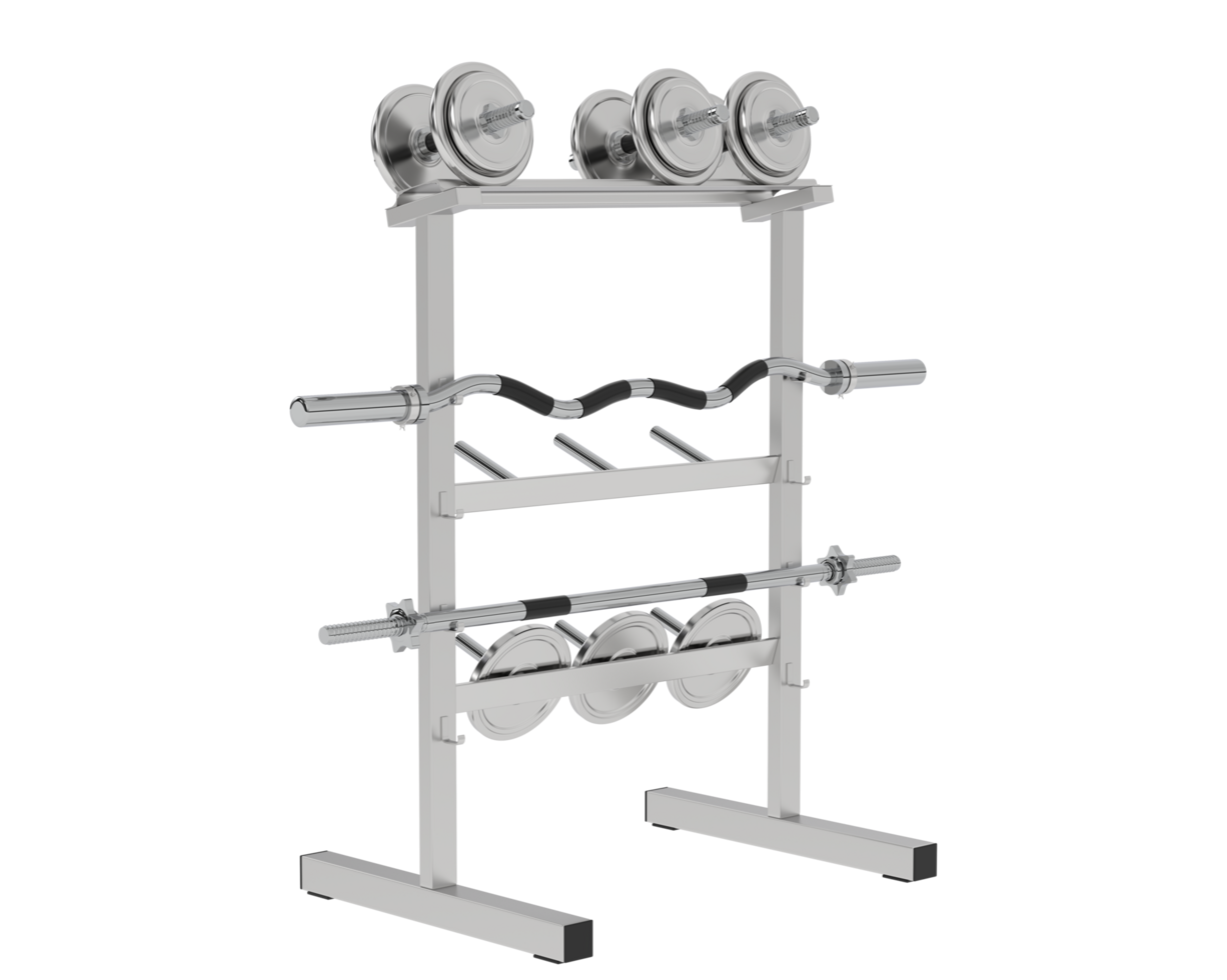 Weights on rack isolated on background. 3d rendering - illustration png