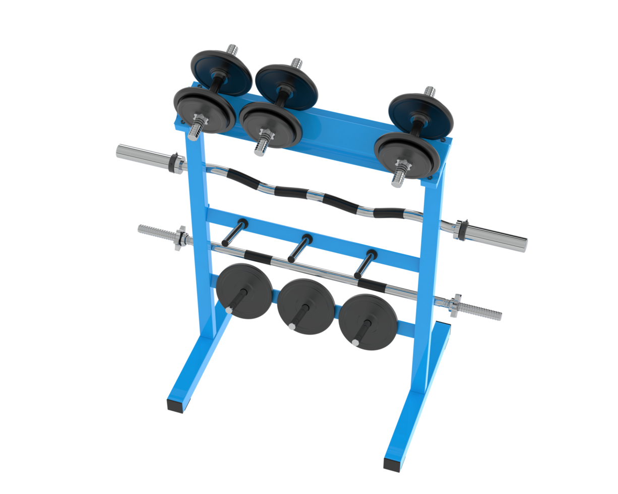 Weights on rack isolated on background. 3d rendering - illustration png