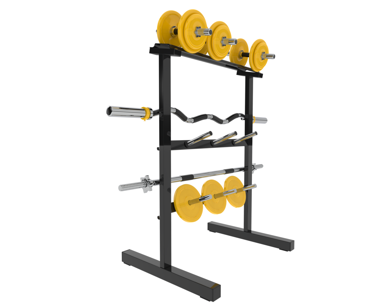 Weights on rack isolated on background. 3d rendering - illustration png