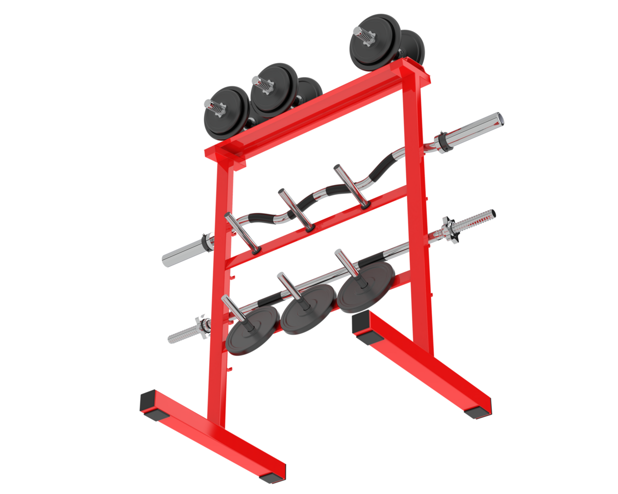 Weights on rack isolated on background. 3d rendering - illustration png