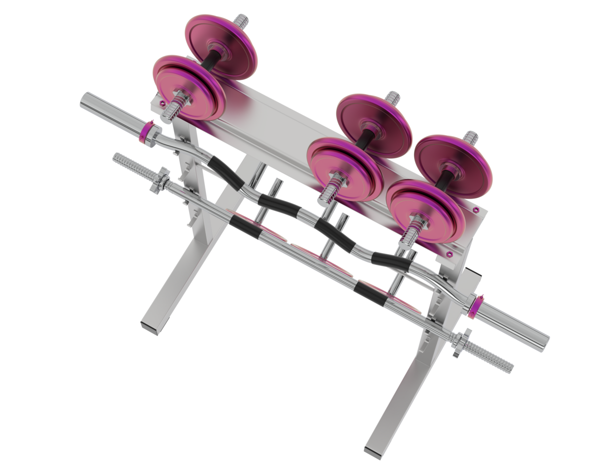 Weights on rack isolated on background. 3d rendering - illustration png