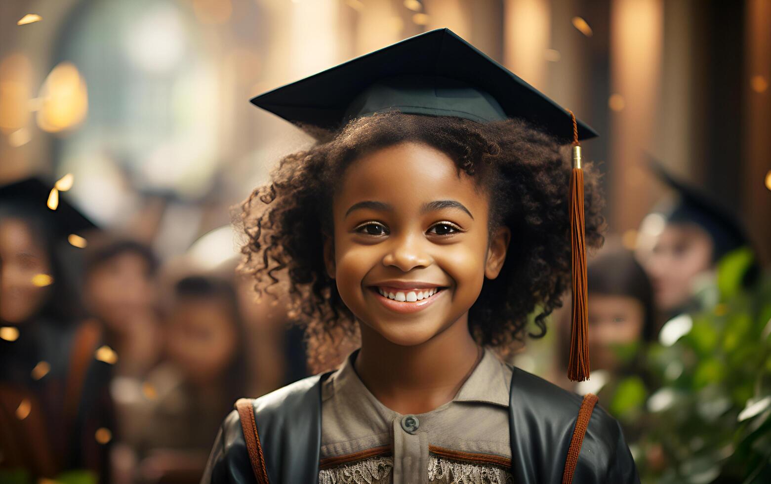 Smiling African American girl child in graduation cap in school. Kid graduating student celebrating school graduation. Ai-Generated photo