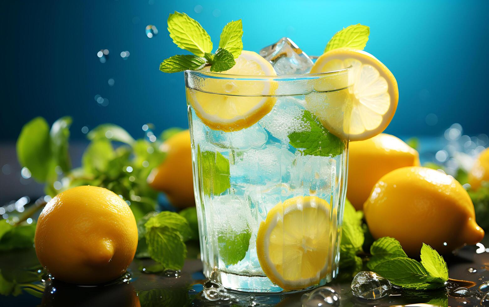 Refreshing drink with ice, lemon and mint. Cold lemonade on light blue table. Ai-Generated photo