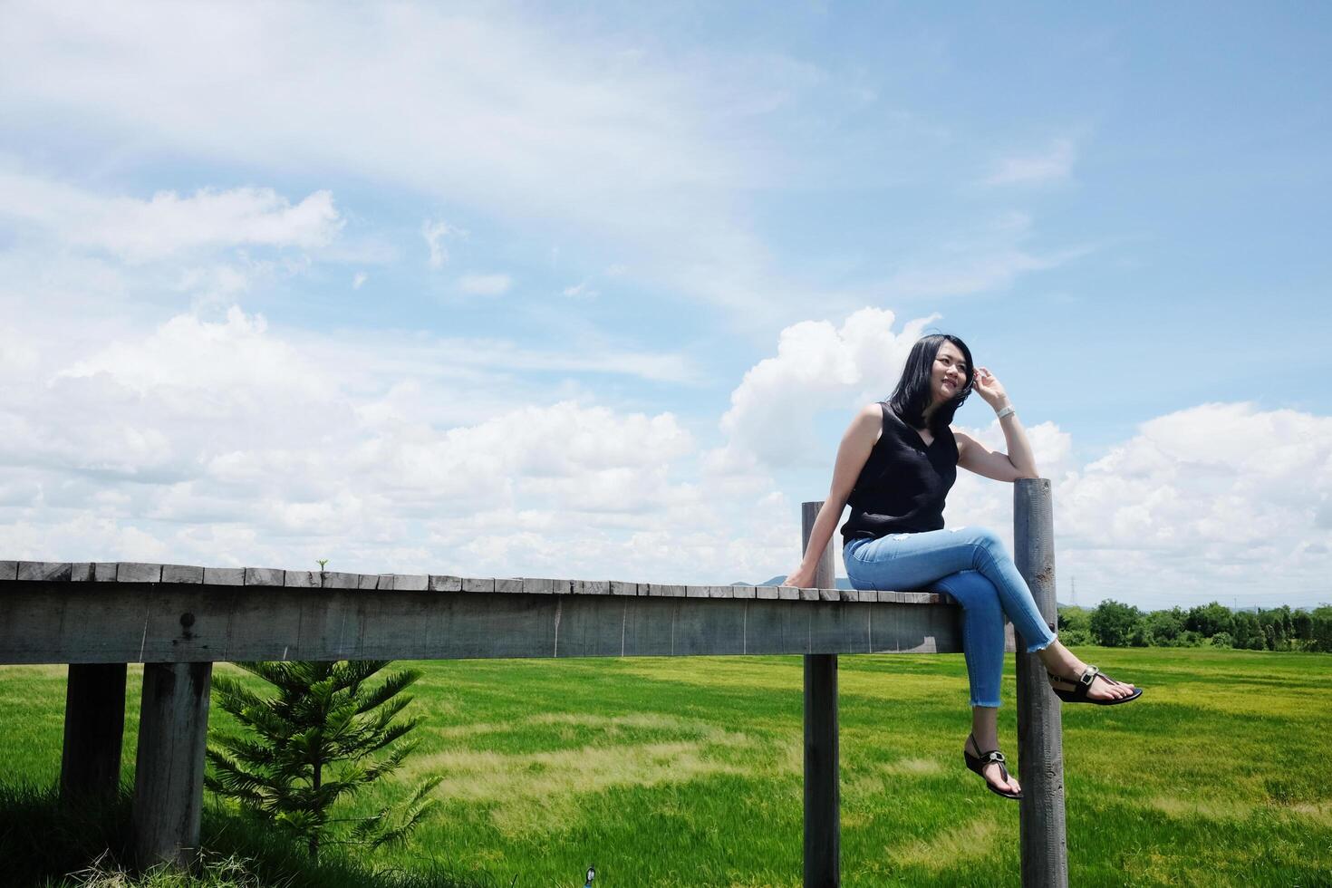 Asian woman sitting on Wooden bridge is freedom and happy on the blue sky. Happiness of life is successful and travel in the world. photo